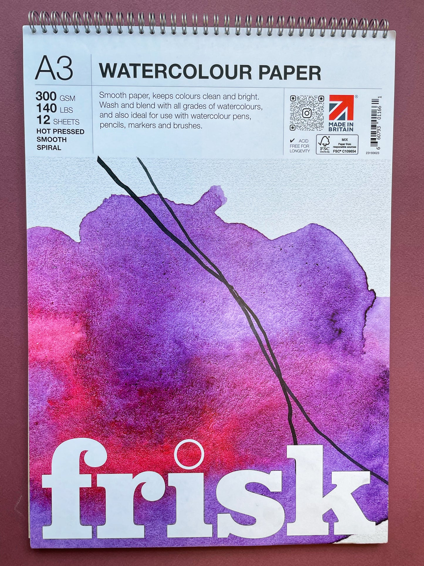 Frisk Hot Pressed Watercolour Paper Spiral Bound A3, 300gsm